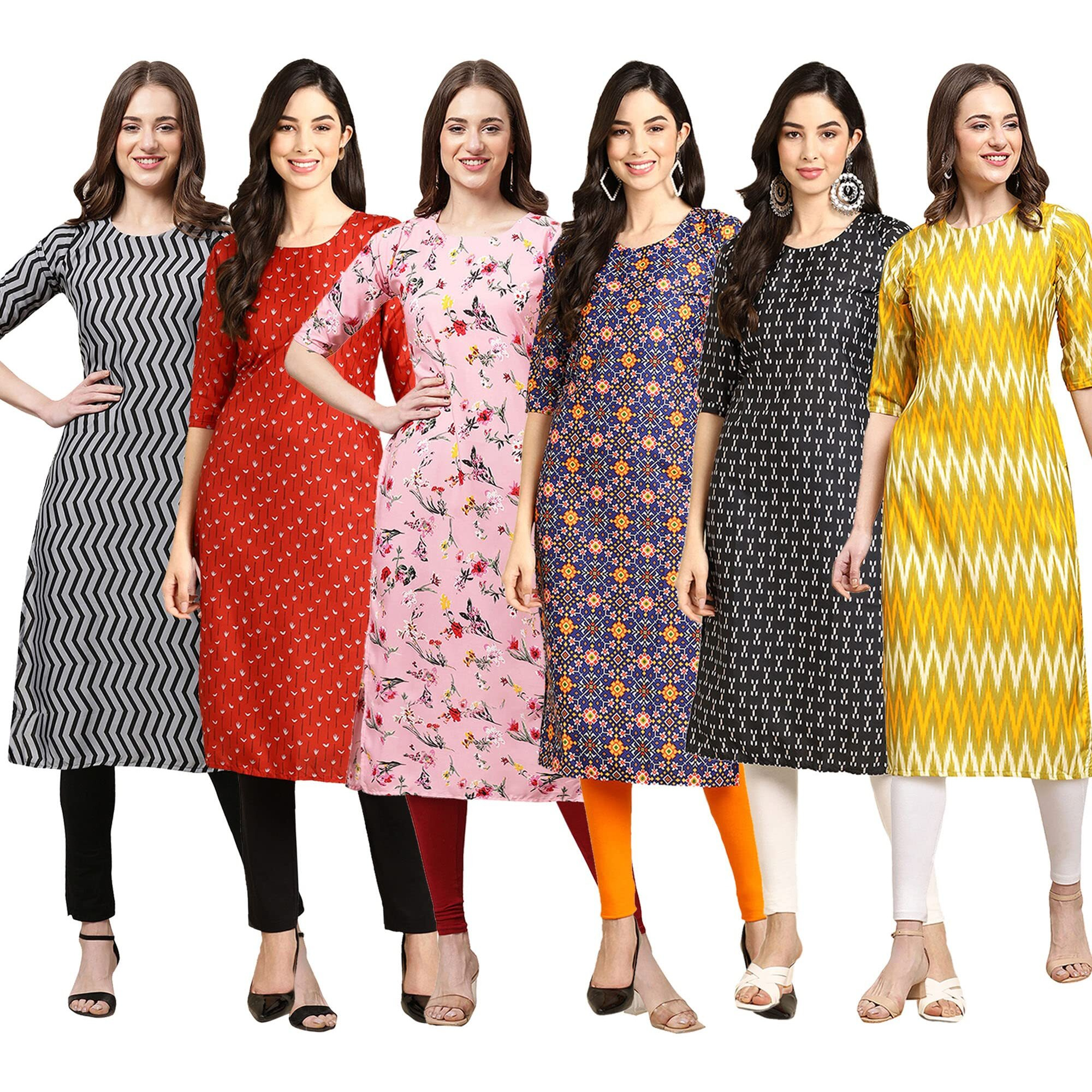 Pinkmint Women's Crepe Digital Print Straight Kurta Pack of 6 [CR-336-370-339-369-362-329-XXL]
