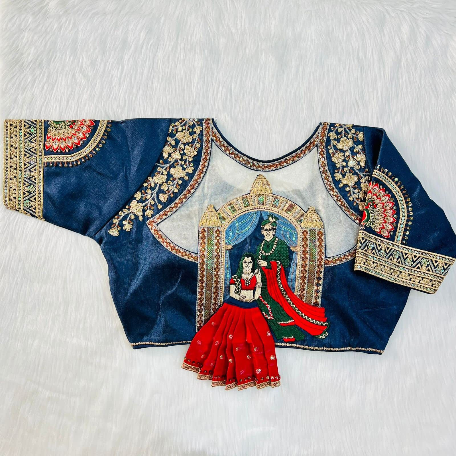 Pujia Mills Women's Heavy Milan Silk Codding Sequins Handwork Half Sleeve Navy Blue Color Blouse Women's Bridal Blouse Readymade Heavy Work Readymade Saree Blouse for Women Bridal Blouse for Wedding
