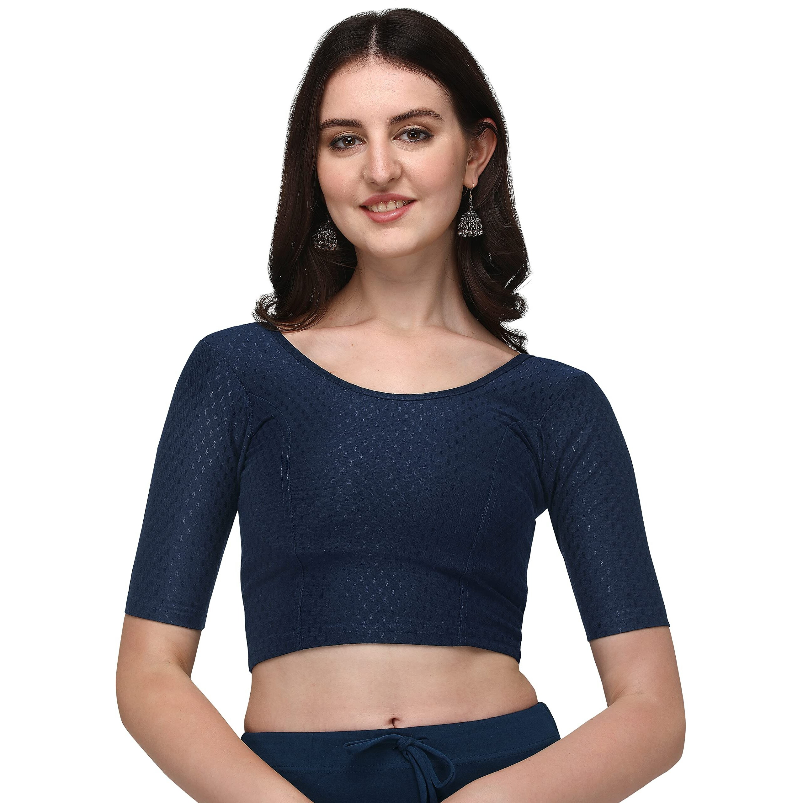 Shiv Textiles Round Neck Dobby Cotton Lycra Stretchable Elbow Sleeve Readymade Saree Blouse for Women Stylish (BluePluse Size)