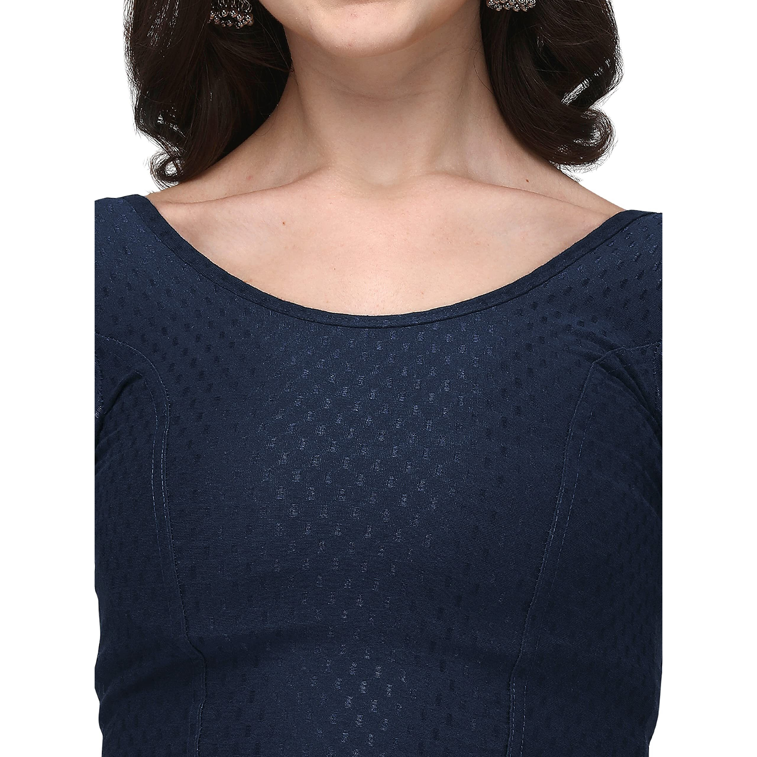 Shiv Textiles Round Neck Dobby Cotton Lycra Stretchable Elbow Sleeve Readymade Saree Blouse for Women Stylish (BluePluse Size)