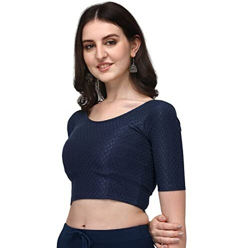 Shiv Textiles Round Neck Dobby Cotton Lycra Stretchable Elbow Sleeve Readymade Saree Blouse for Women Stylish (BluePluse Size)