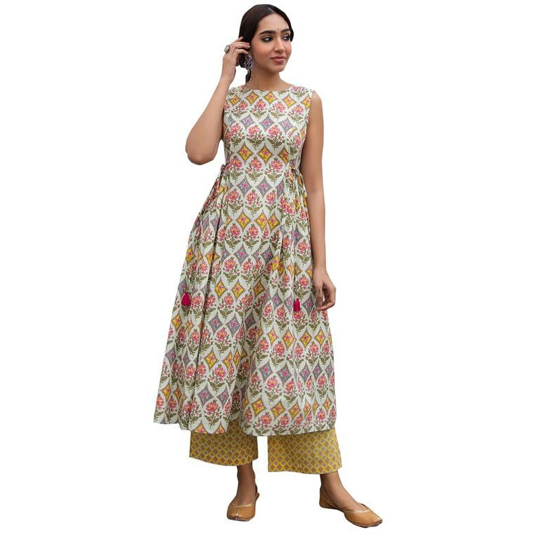 Janasya Women's Light Green Cotton Ethnic Motif Side Pleated Kurta Set (JAA24ST00260-XS)