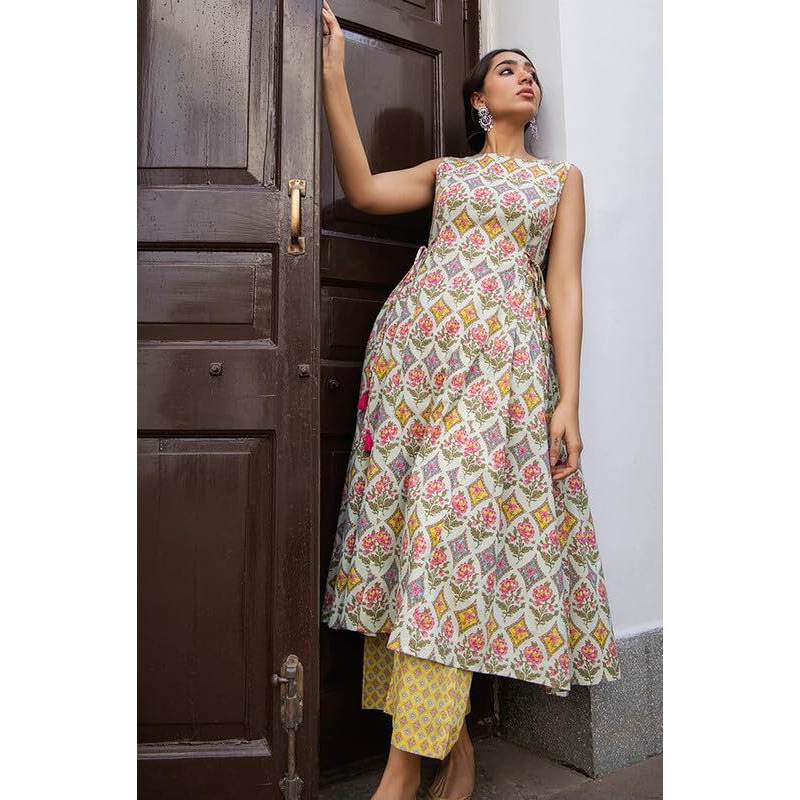 Janasya Women's Light Green Cotton Ethnic Motif Side Pleated Kurta Set (JAA24ST00260-XS)