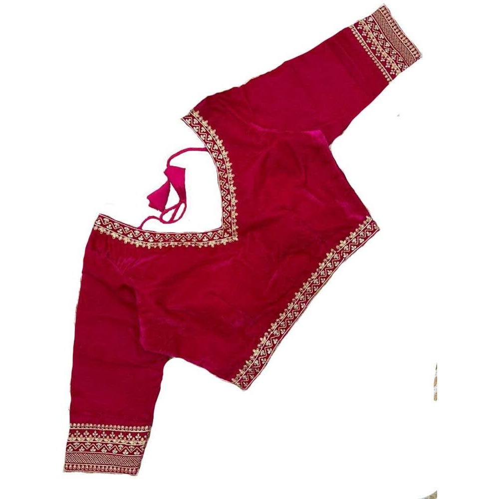 Pujia Mills Women's Velvet Blouse for Women Readymade Blouse Half Sleeves Embroidery Blouse aari Work Blouse Readymade Saree Blouse Choli for Women Readymade Choli Blouse (Velvet 501 Pink 32)