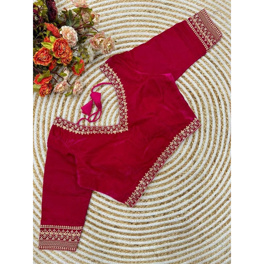 Pujia Mills Women's Velvet Blouse for Women Readymade Blouse Half Sleeves Embroidery Blouse aari Work Blouse Readymade Saree Blouse Choli for Women Readymade Choli Blouse (Velvet 501 Pink 32)