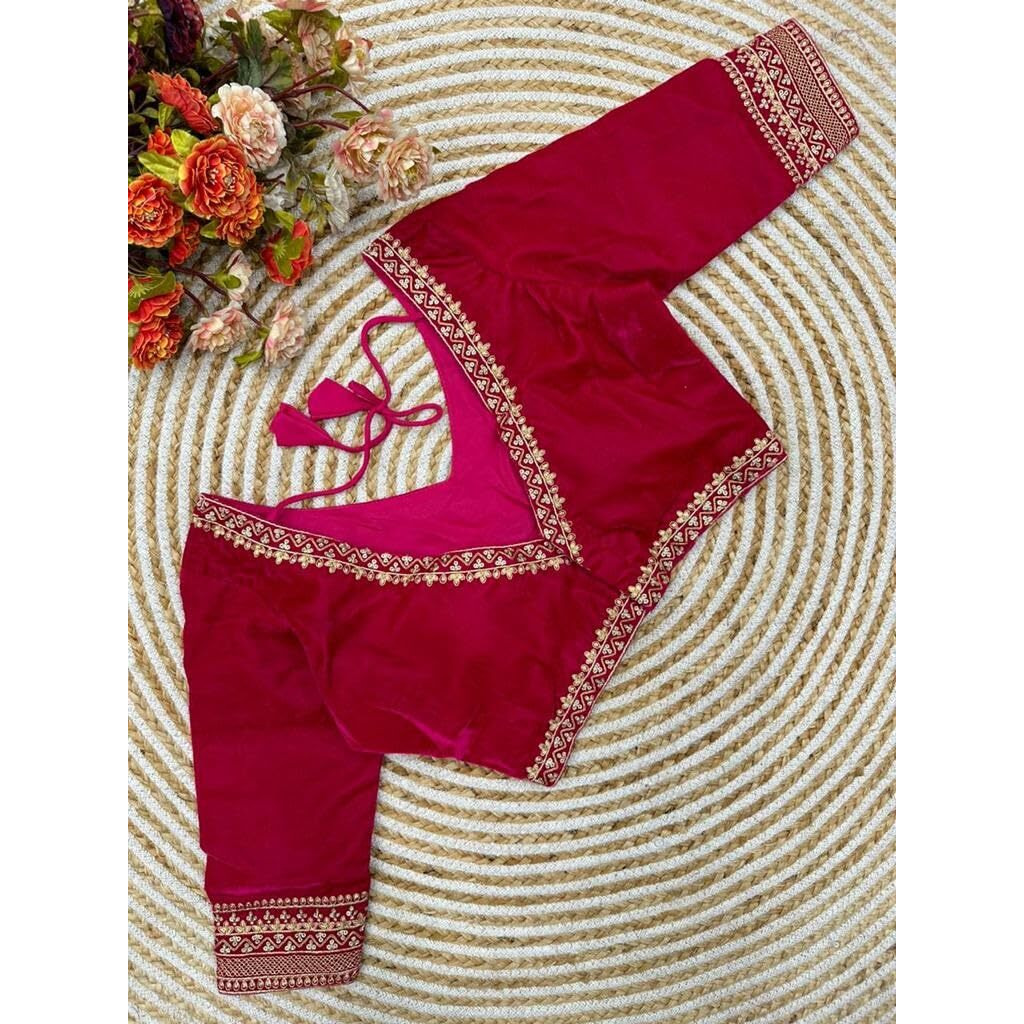 Pujia Mills Women's Velvet Blouse for Women Readymade Blouse Half Sleeves Embroidery Blouse aari Work Blouse Readymade Saree Blouse Choli for Women Readymade Choli Blouse (Velvet 501 Pink 32)