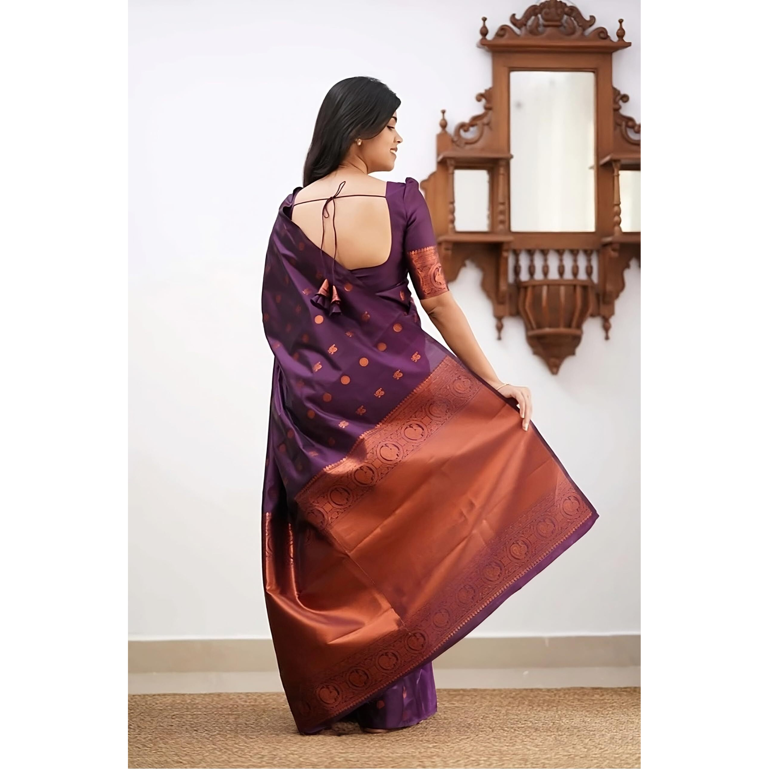StyleScope Women's Banarasi Silk Jacquard Kanjivaram Saree With Litchi Silk Unstitched Blouse Piece (Silk GolaMor Wine_Wine_Free Size)