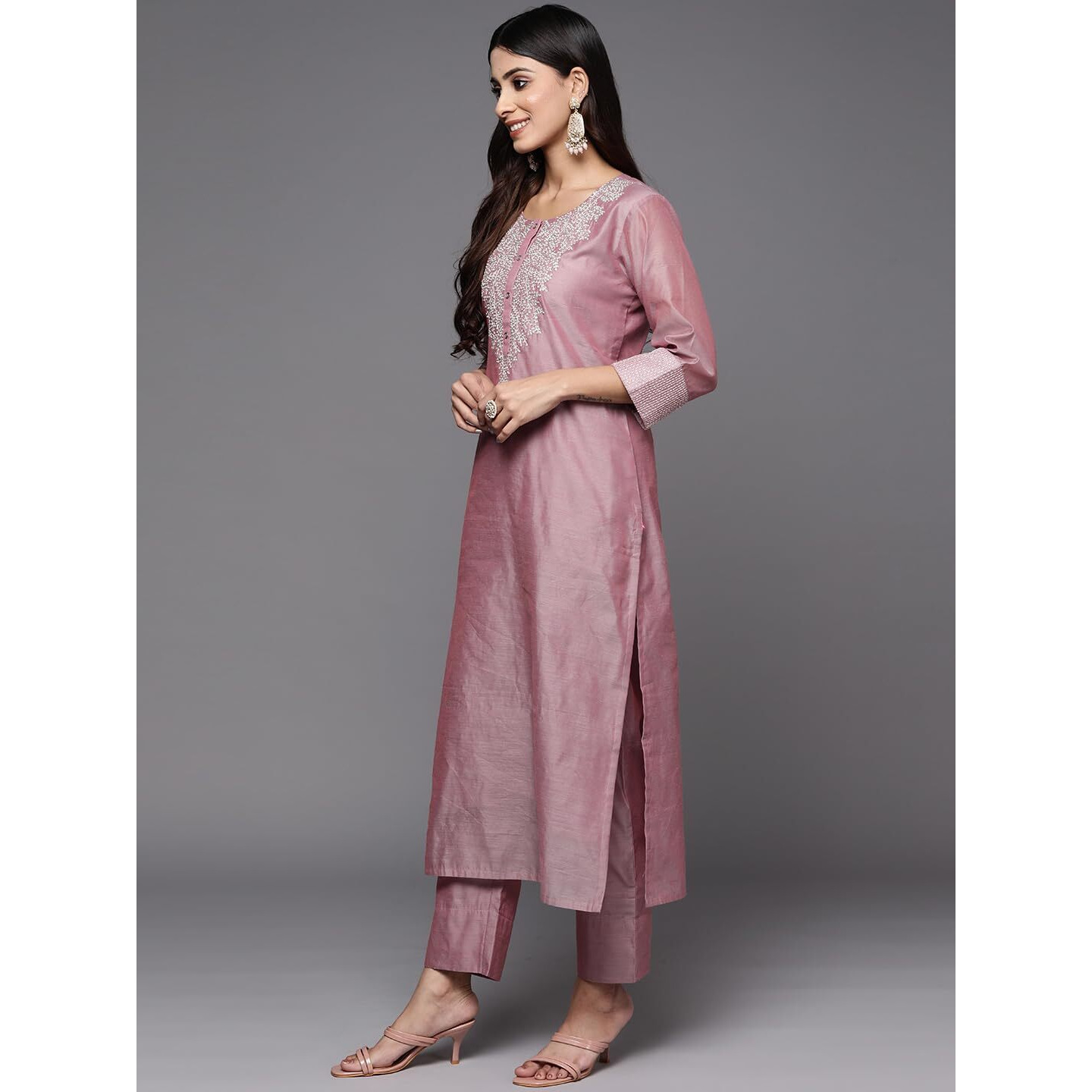 Varanga Women Pink Zari Embroidered A-Line Kurta with Bottom and Dupatta  Kurti Set with Dupatta for Women (Double Extra Large)
