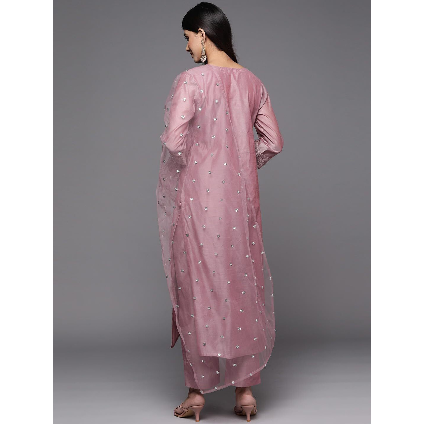 Varanga Women Pink Zari Embroidered A-Line Kurta with Bottom and Dupatta  Kurti Set with Dupatta for Women (Double Extra Large)