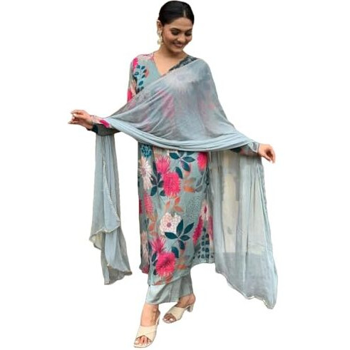 ANNI DESIGNER Women's Cotton Blend Straight Printed Kurta with Pant & Dupatta (AD312 Green_M_Green_Medium)