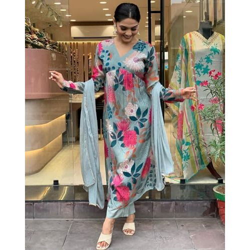 ANNI DESIGNER Women's Cotton Blend Straight Printed Kurta with Pant & Dupatta (AD312 Green_M_Green_Medium)
