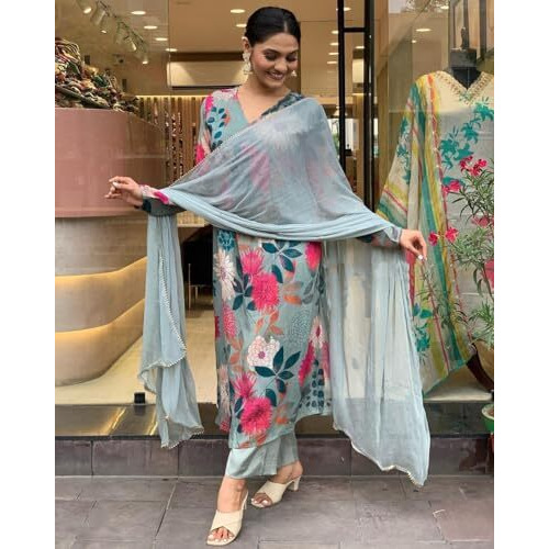 ANNI DESIGNER Women's Cotton Blend Straight Printed Kurta with Pant & Dupatta (AD312 Green_M_Green_Medium)