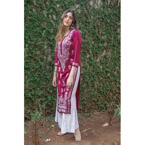 ANNI DESIGNER Women's Rayon Blend Straight Chikankari Embroidered Kurta (Victoria Pink_XL_Beige_X-Large)