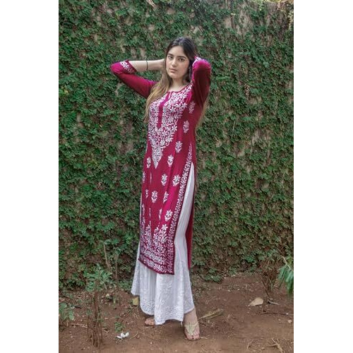 ANNI DESIGNER Women's Rayon Blend Straight Chikankari Embroidered Kurta (Victoria Pink_XL_Beige_X-Large)