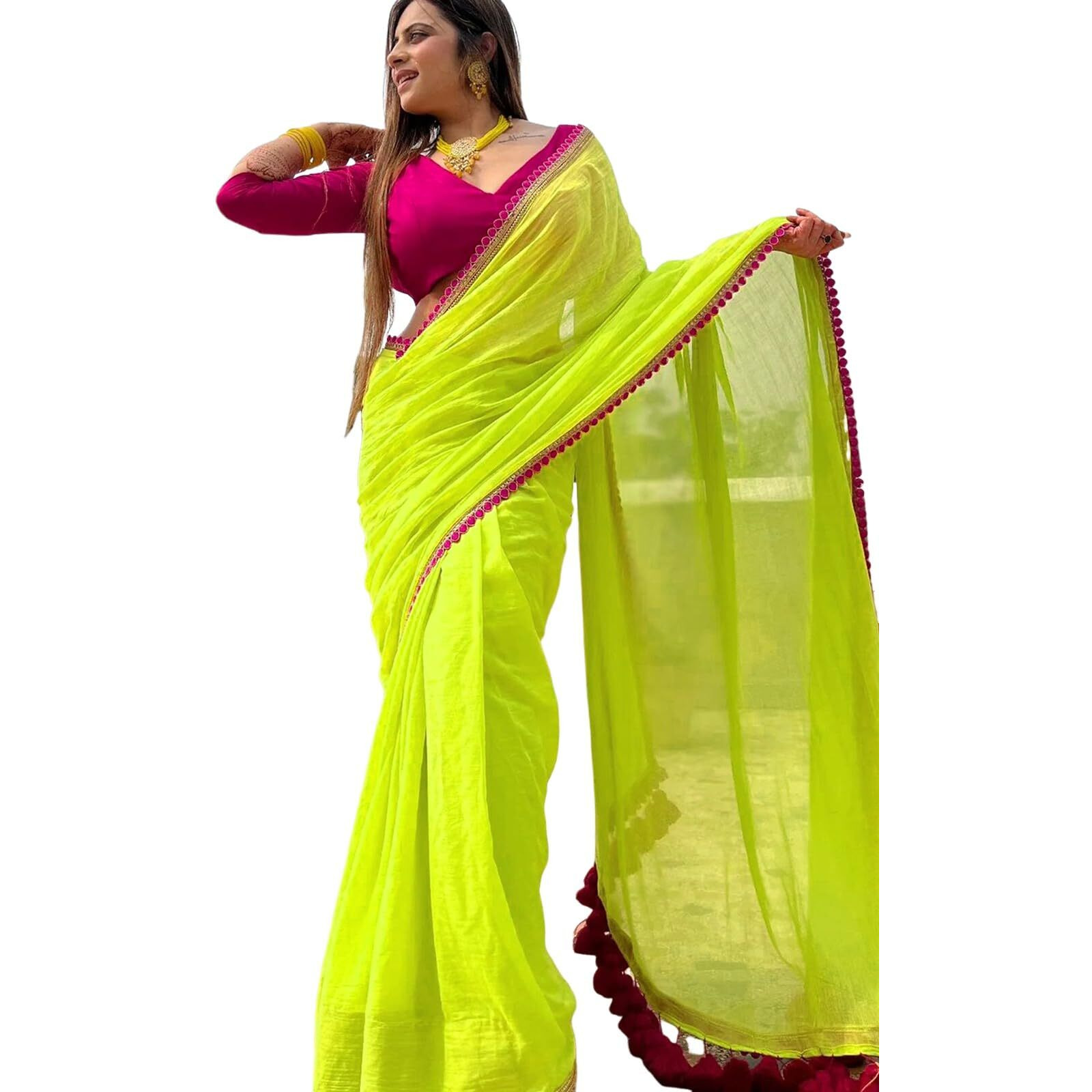Satrani Women's Plain Georgette Saree (3961S581N_Lime Green)