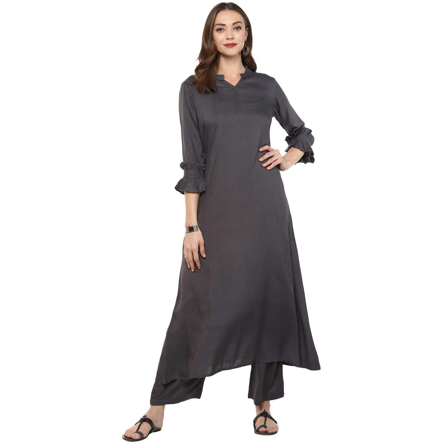 idaLia Rayon Solid Straight Kurta Set for Women 3/4 Sleeve, Round V Neck Designer Kurta with Pant
