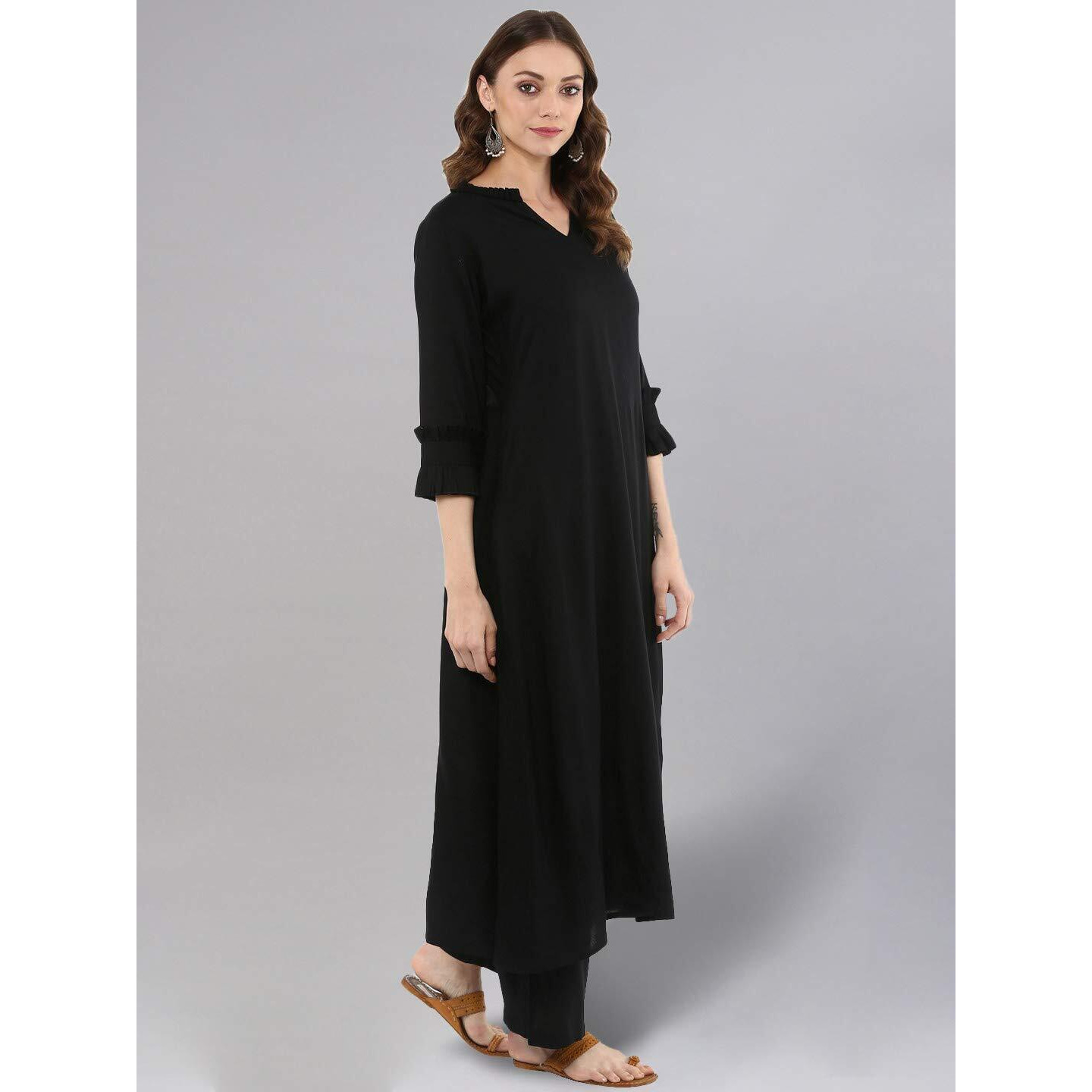 idaLia Rayon Solid A-Line Black Kurta Set for Women Stylish Boat Neck Design Kurta Set with Pant