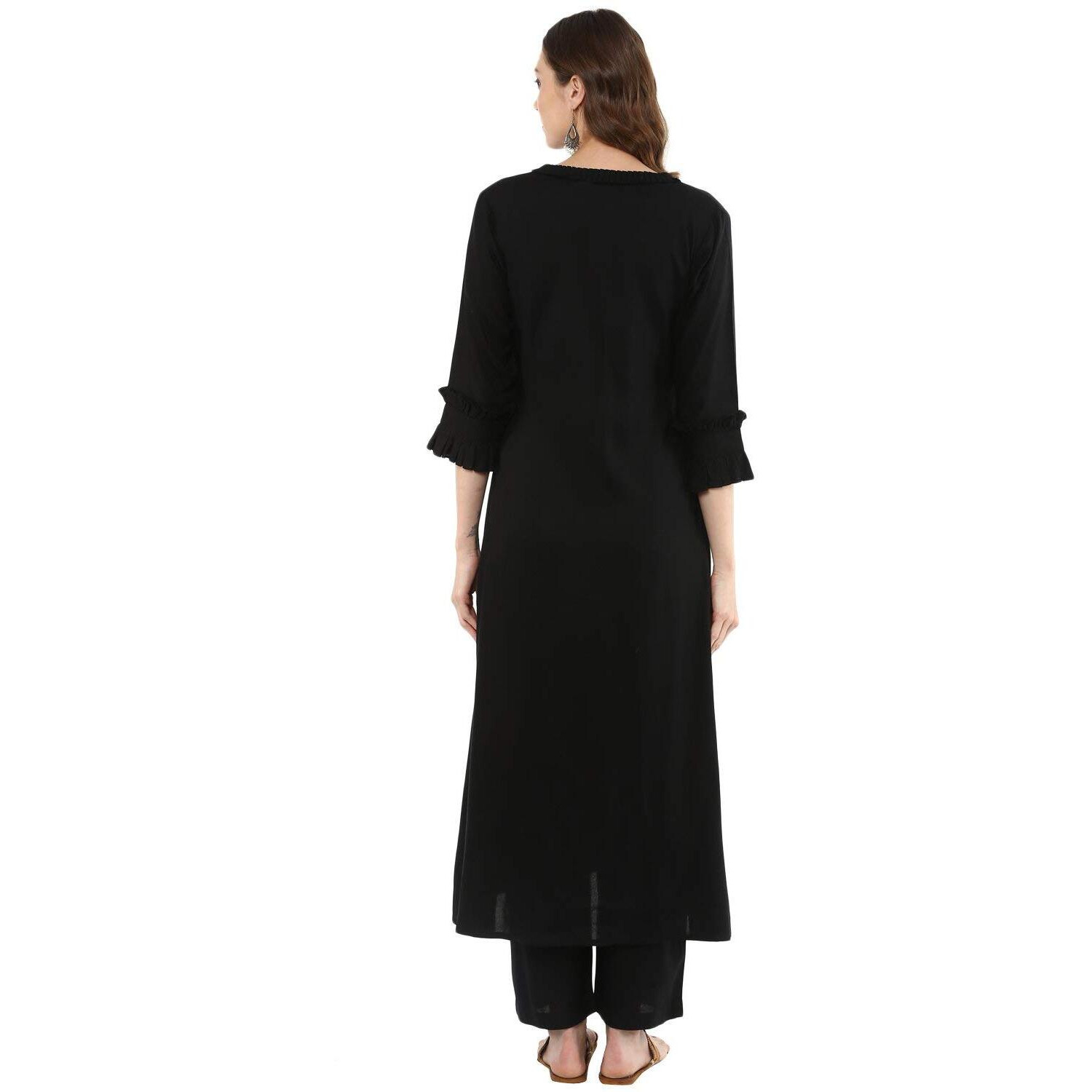idaLia Rayon Solid A-Line Black Kurta Set for Women Stylish Boat Neck Design Kurta Set with Pant