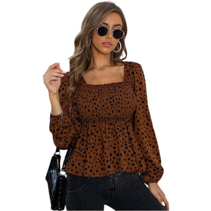 Sheetal Associates Women's Leopard Print Square Neck Peplum Peasant Top Long Sleeve Shirt Blouse (X-Small, Maroon)