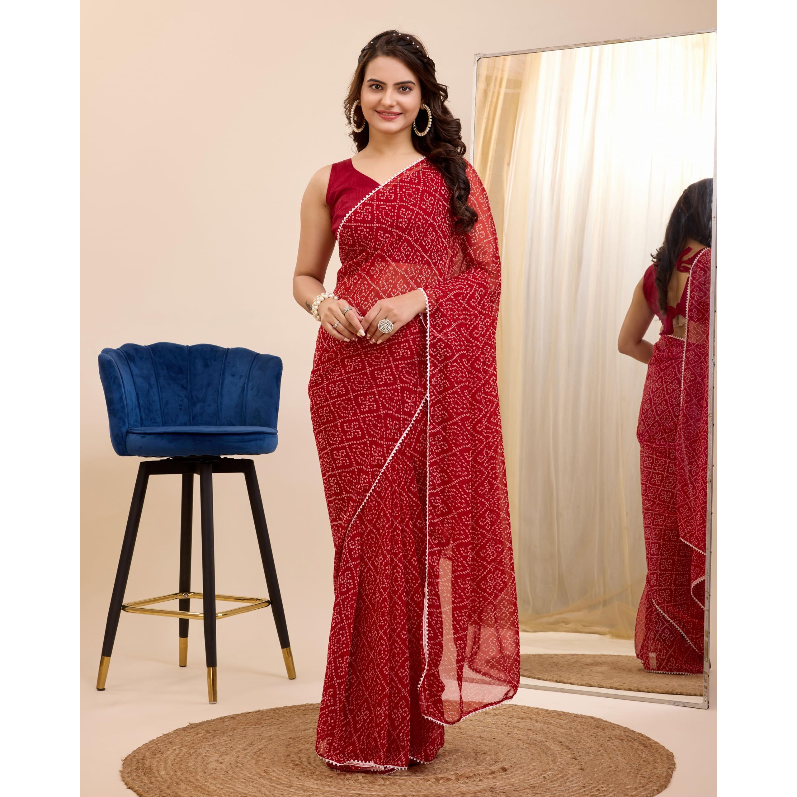 VAIRAGEE Women Soft Georgette Stylish Printed Ready To Wear Saree With Unstitched Blouse (2054) (Maroon)