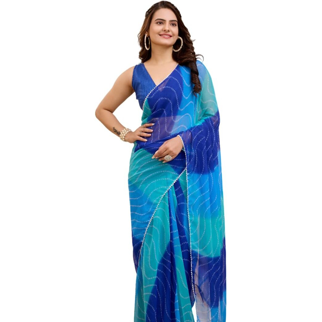 VAIRAGEE Women Soft Georgette Stylish Printed Ready To Wear Saree With Unstitched Blouse (2054) (Aqua Blue)