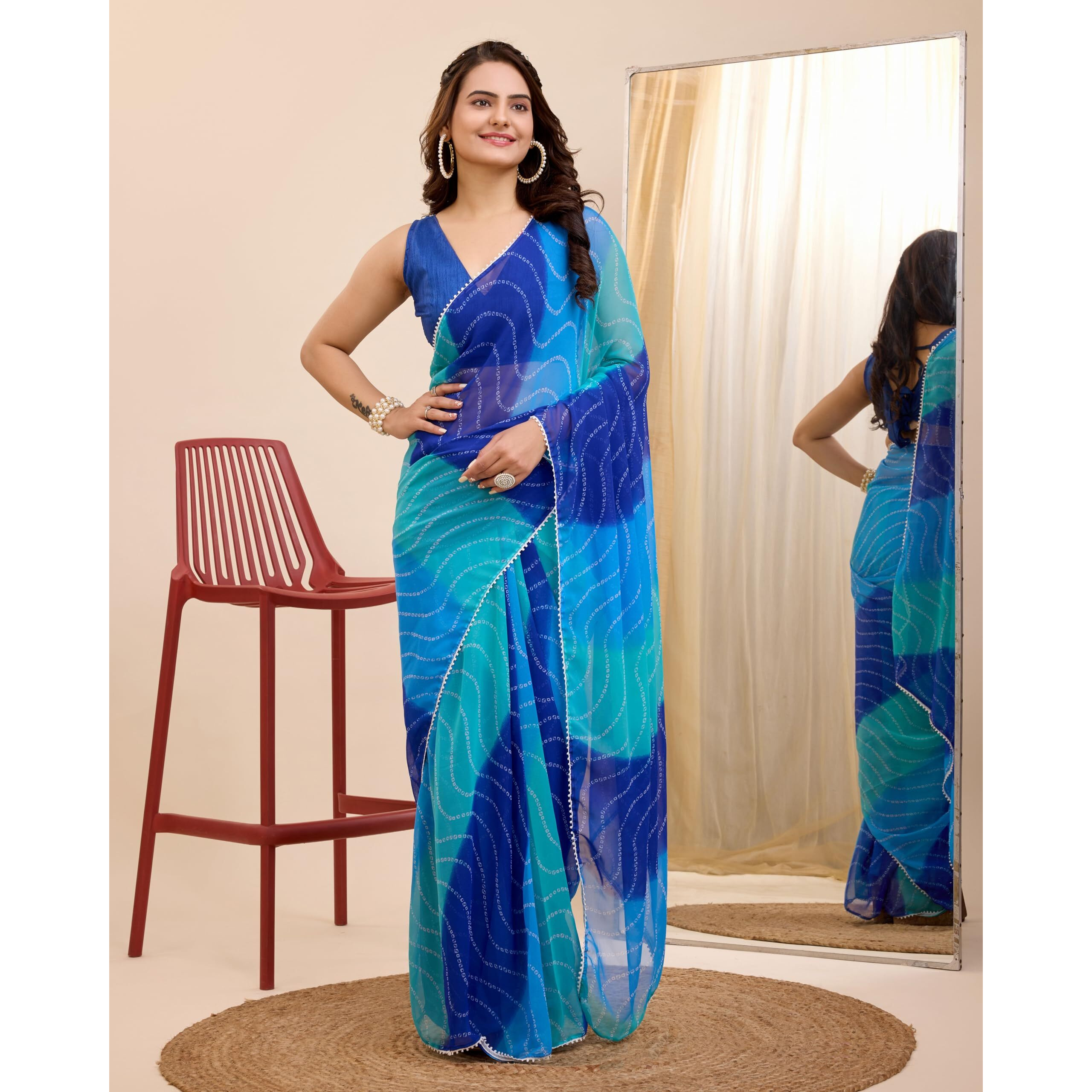 VAIRAGEE Women Soft Georgette Stylish Printed Ready To Wear Saree With Unstitched Blouse (2054) (Aqua Blue)