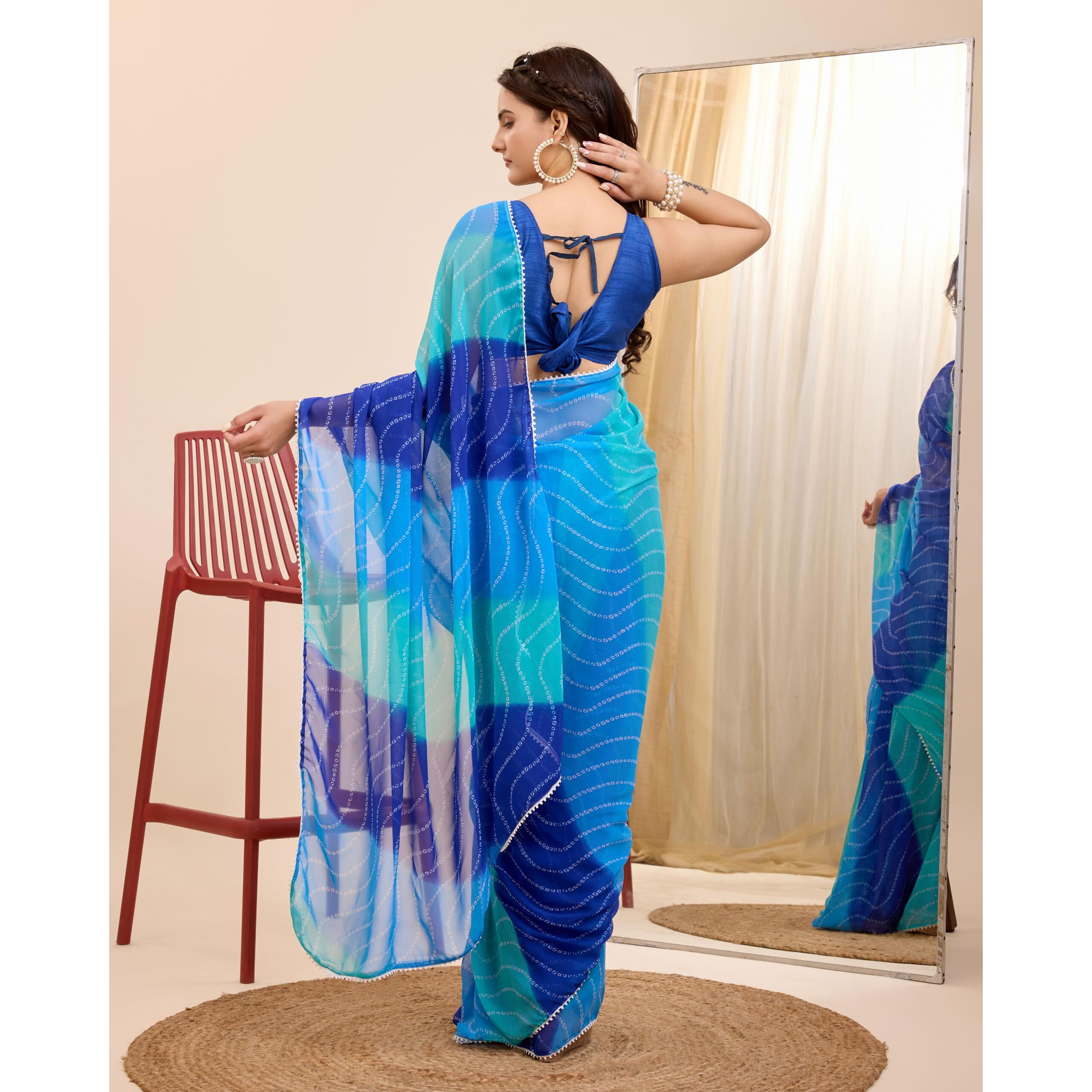 VAIRAGEE Women Soft Georgette Stylish Printed Ready To Wear Saree With Unstitched Blouse (2054) (Aqua Blue)