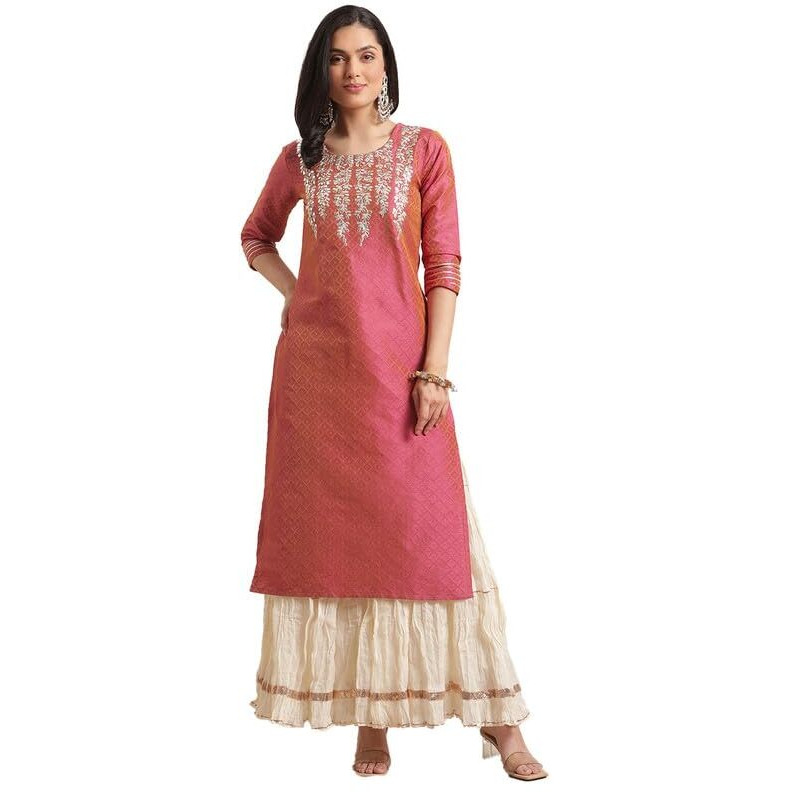 Varanga Women Pink Coral Gota Patti Kurta with Gota Embellished Sleeves  Kurta Set for Women, Dress for Women Stylish, Kurti Set with Dupatta for Women (Medium)
