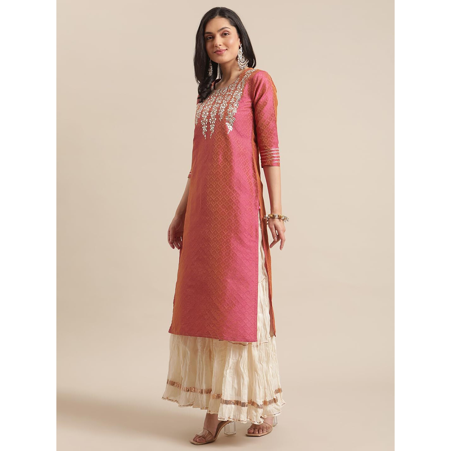 Varanga Women Pink Coral Gota Patti Kurta with Gota Embellished Sleeves  Kurta Set for Women, Dress for Women Stylish, Kurti Set with Dupatta for Women (Medium)