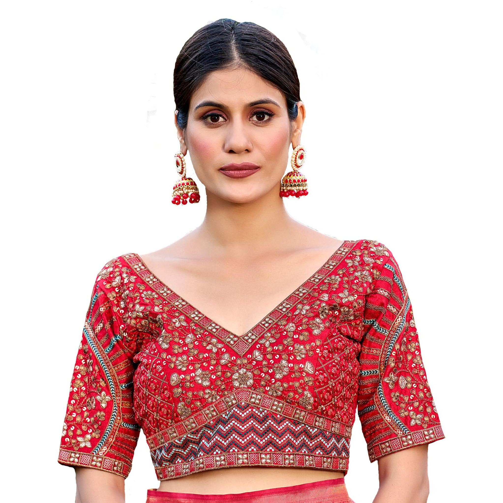 Pujia Mills Mills Women's Fancy Readymade Heavy Coding Embroidary Worked Half Sleeve Red Saree Blouse(Mushroom Red_42)
