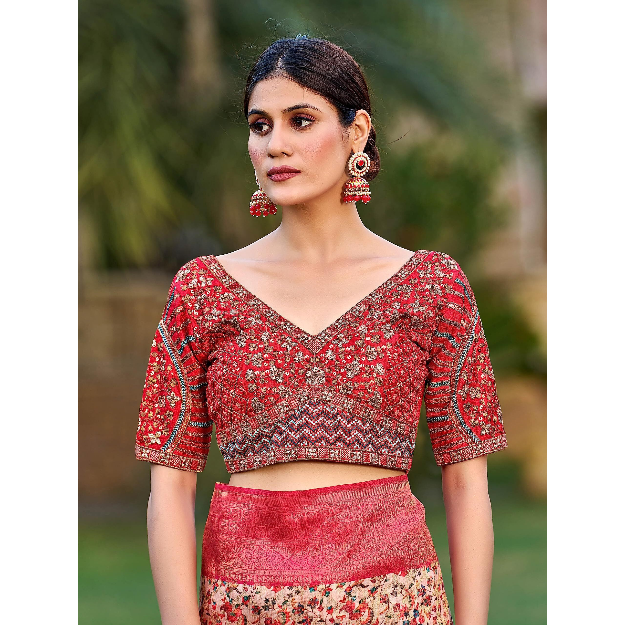 Pujia Mills Mills Women's Fancy Readymade Heavy Coding Embroidary Worked Half Sleeve Red Saree Blouse(Mushroom Red_42)