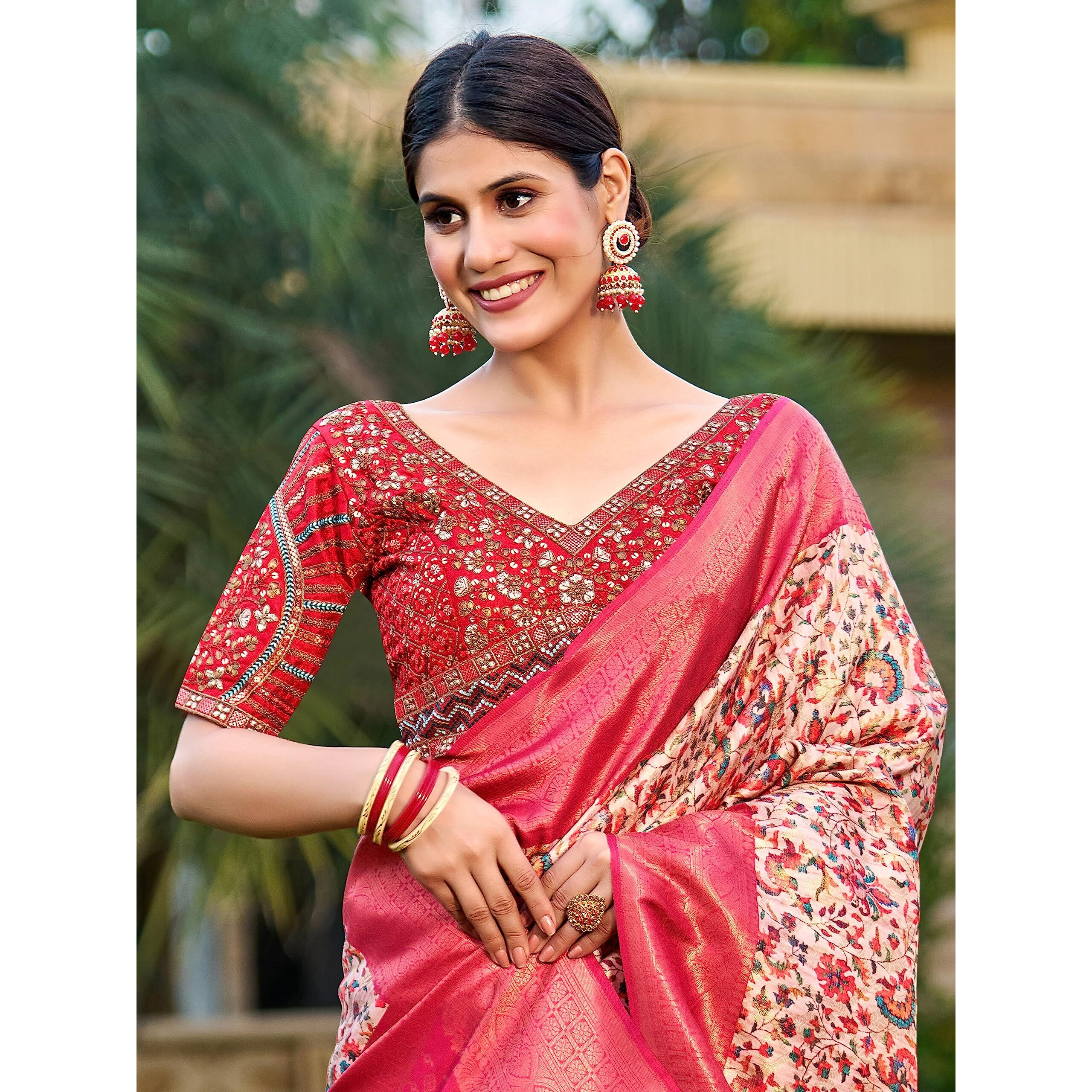 Pujia Mills Mills Women's Fancy Readymade Heavy Coding Embroidary Worked Half Sleeve Red Saree Blouse(Mushroom Red_42)