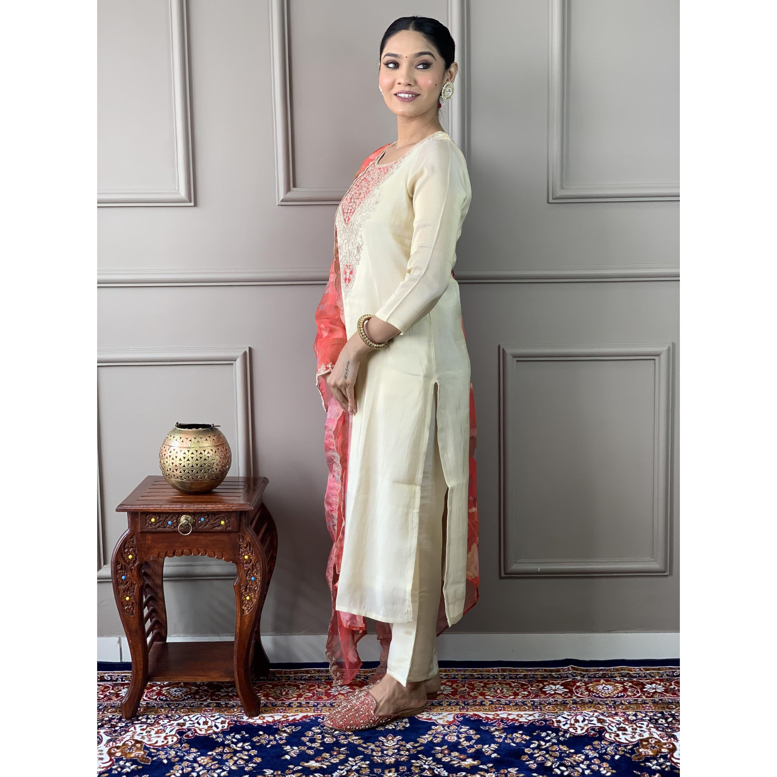 Naixa Women's Cream Chanderi Silk with Lining Embroidered Straight Kurta with Chanderi Silk Pant and Silk Printed Dupatta Sets (NX-547-Cream-3XL)
