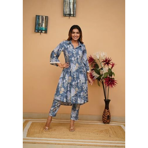FABNEX kurta set for women | Women Kurta | Women Kurta Sets Kurtis | Women Kurta Pant Set | Women Kurta Pant Set Women Kurti Set with Pant (K-39-40) (M, Blue)