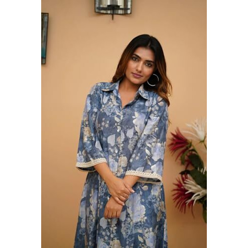 FABNEX kurta set for women | Women Kurta | Women Kurta Sets Kurtis | Women Kurta Pant Set | Women Kurta Pant Set Women Kurti Set with Pant (K-39-40) (M, Blue)