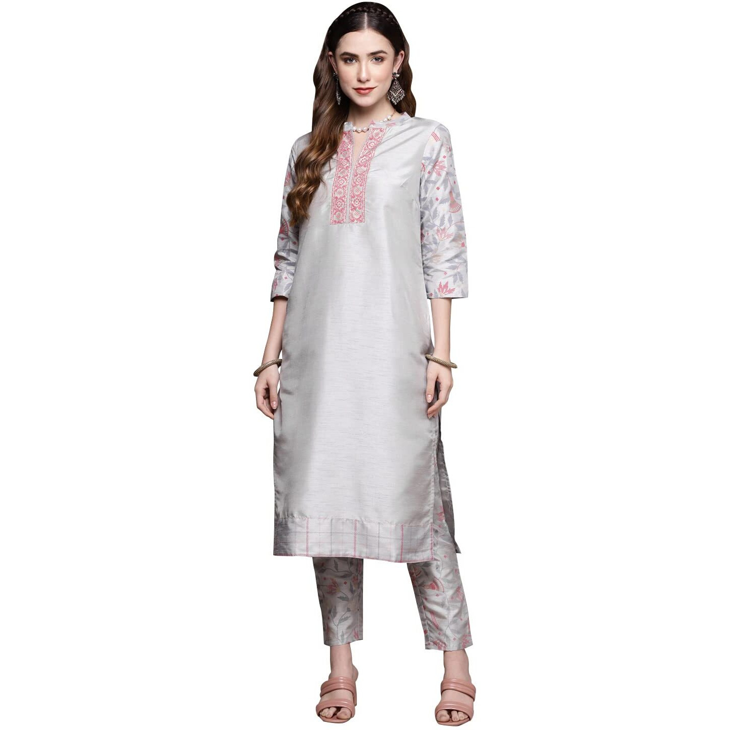 ZIYAA Art Women's Light Grey Poly Silk Straight Kurta With Pant Set M