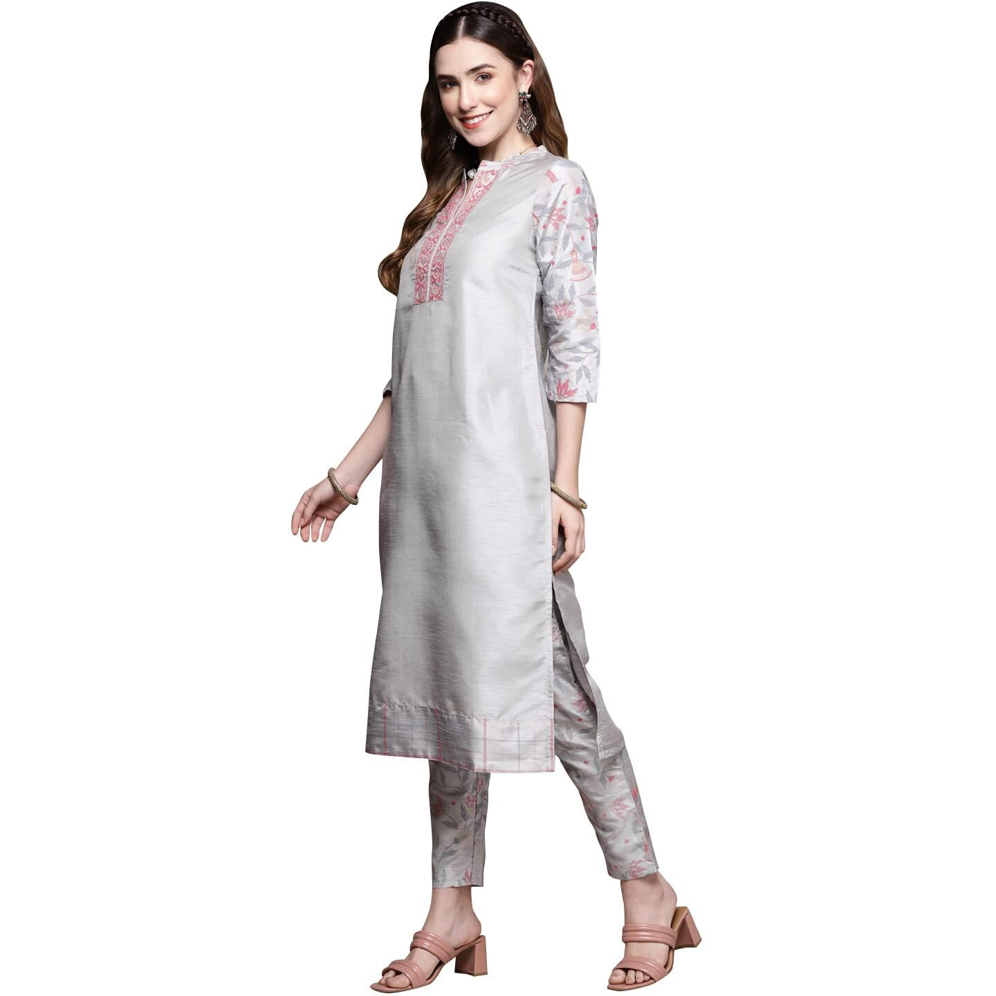 ZIYAA Art Women's Light Grey Poly Silk Straight Kurta With Pant Set M