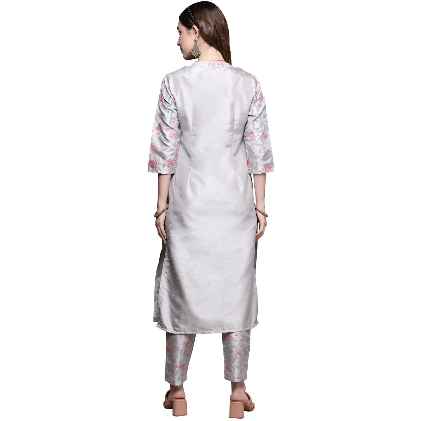 ZIYAA Art Women's Light Grey Poly Silk Straight Kurta With Pant Set M