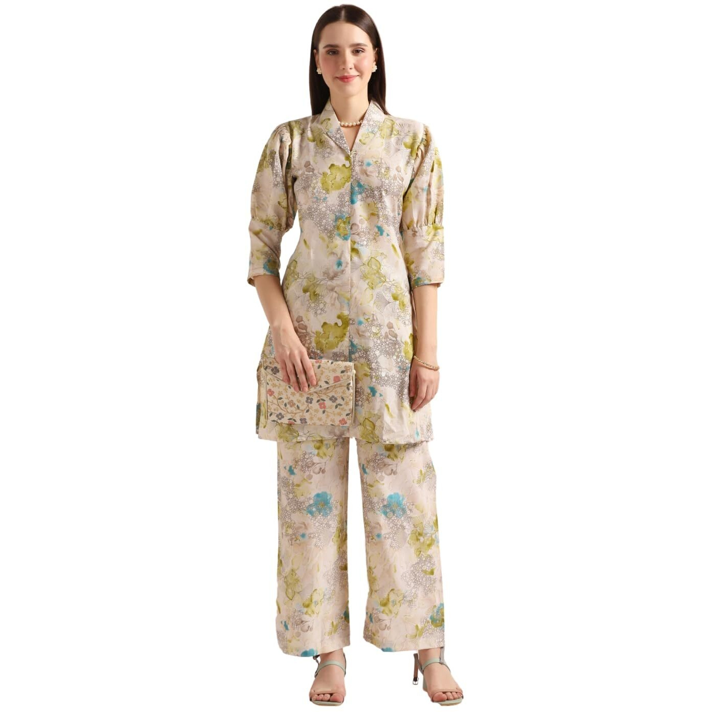 Leriya Fashion Soft Cotton Blend Floral Foil Print Puff Sleeve Shawl Collar Straight Kurta Pant Set for Women Causal Festival Office Shopping Outing Wear for Girls Ethnic Co Ord Set (3X-Large, Green)