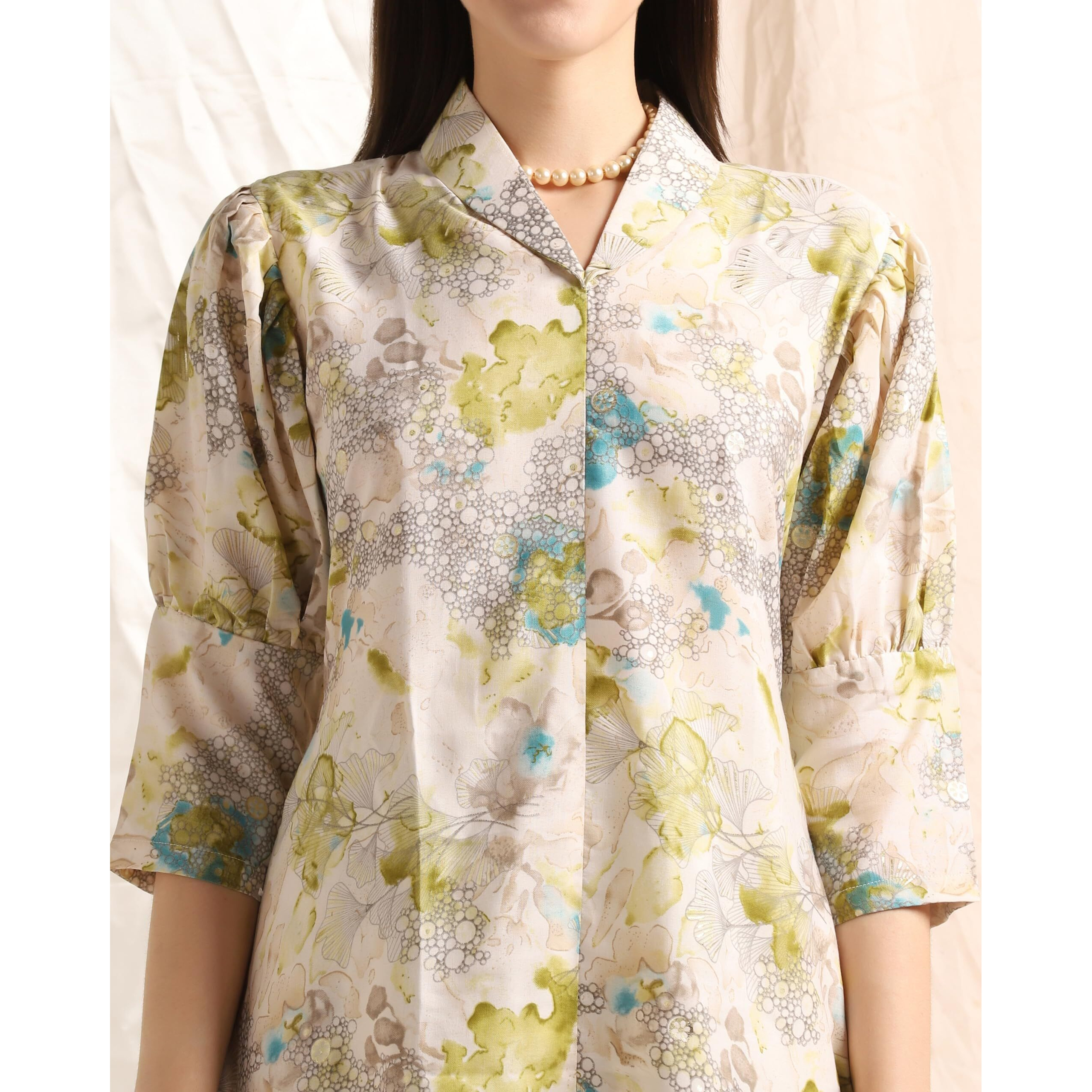 Leriya Fashion Soft Cotton Blend Floral Foil Print Puff Sleeve Shawl Collar Straight Kurta Pant Set for Women Causal Festival Office Shopping Outing Wear for Girls Ethnic Co Ord Set (3X-Large, Green)