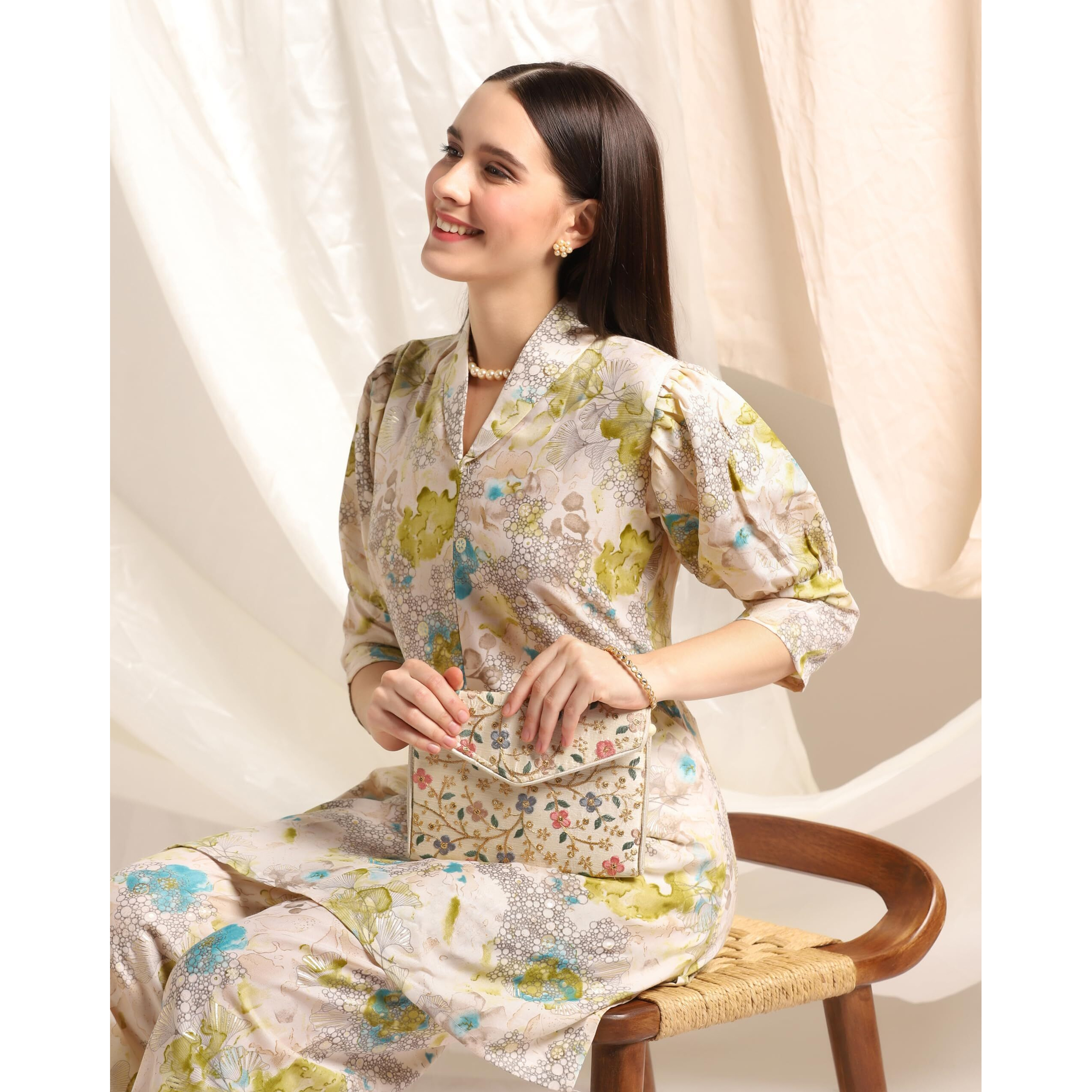 Leriya Fashion Soft Cotton Blend Floral Foil Print Puff Sleeve Shawl Collar Straight Kurta Pant Set for Women Causal Festival Office Shopping Outing Wear for Girls Ethnic Co Ord Set (3X-Large, Green)