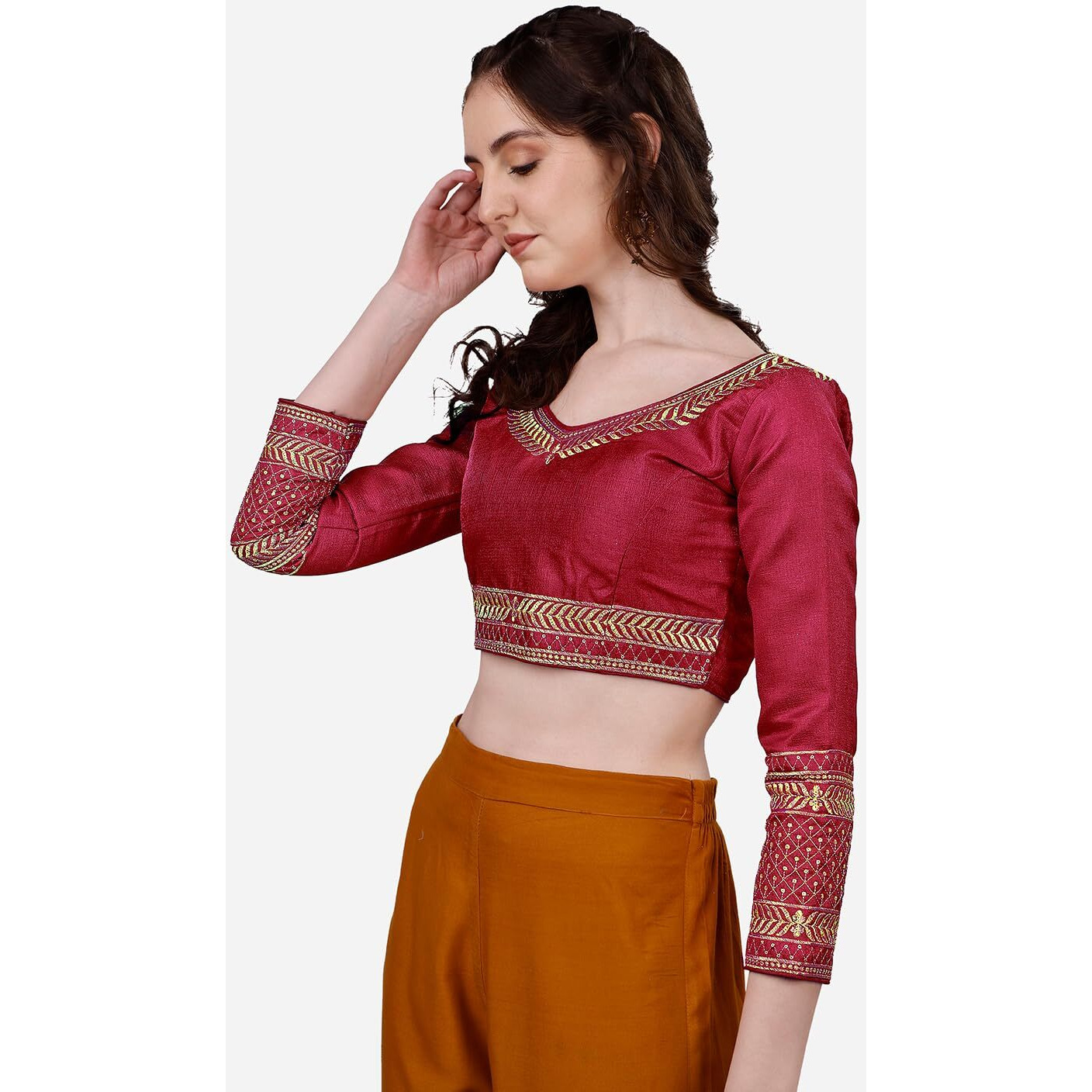 Sumaira Tex Women's Milan Silk Heavy Embroidery with Sequins Worked Full Sleeve Fancy Saree Blouse Maroon(Charlie Maroon)