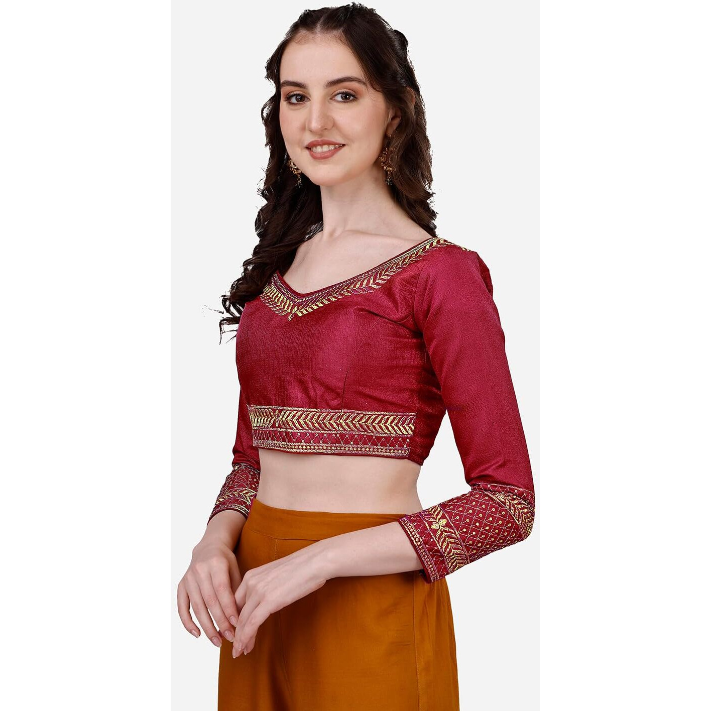 Sumaira Tex Women's Milan Silk Heavy Embroidery with Sequins Worked Full Sleeve Fancy Saree Blouse Maroon(Charlie Maroon)