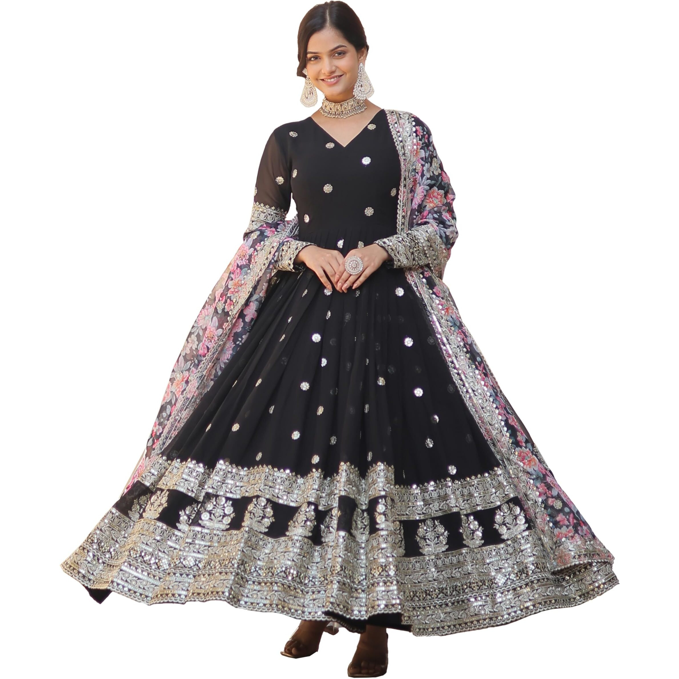 Wedani Faux Georgette Embroidered Work Anarkali Kurta Set for Women (IN, Alpha, L, Regular, BLACK)