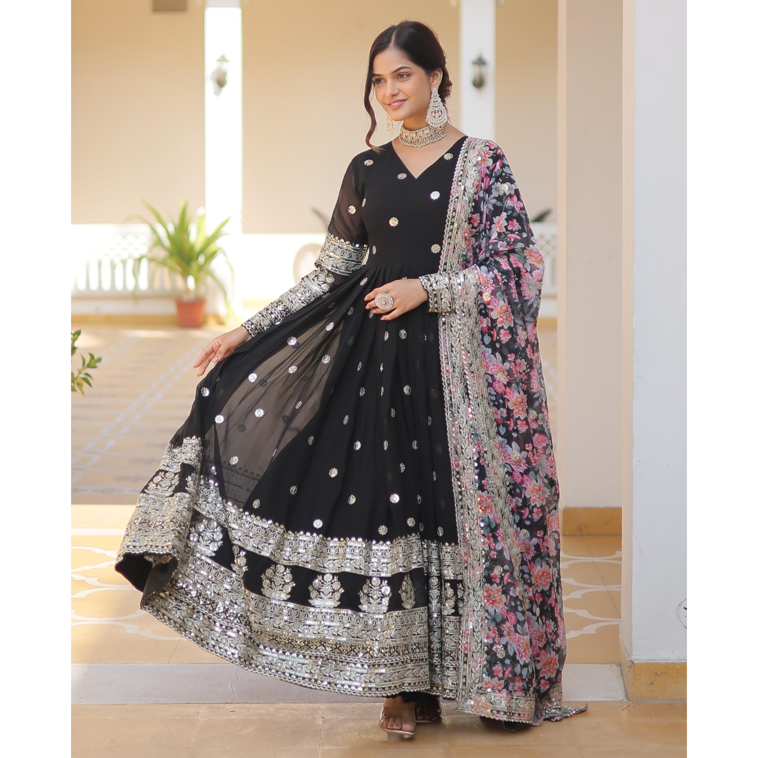 Wedani Faux Georgette Embroidered Work Anarkali Kurta Set for Women (IN, Alpha, L, Regular, BLACK)