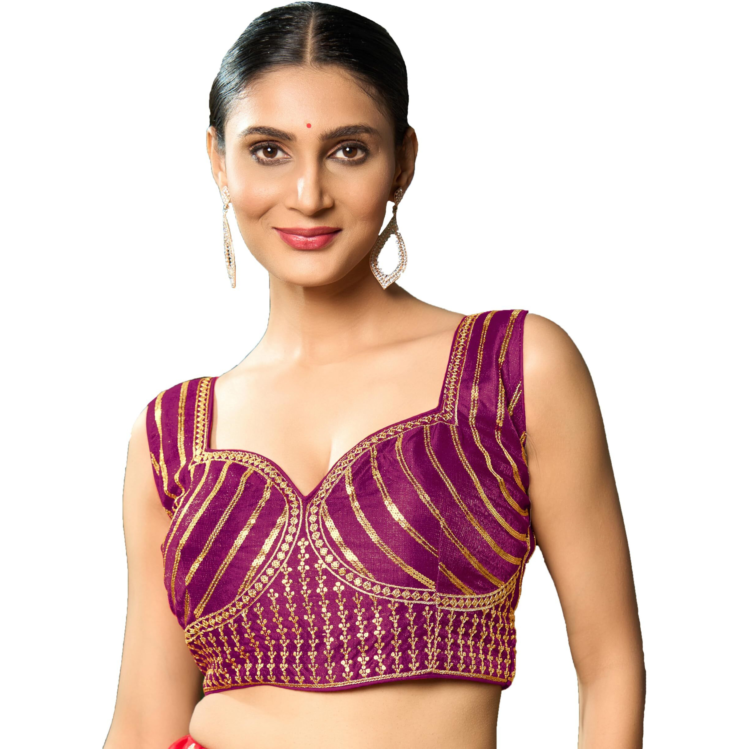Pujia Mills Women's Readymade Blouse Embroidery Multi Coding Gold Thread Indian Ethnic Designer Stitched Readymade Saree Sleeveless Wine Blouse for Women for Saree Lehenga Choli