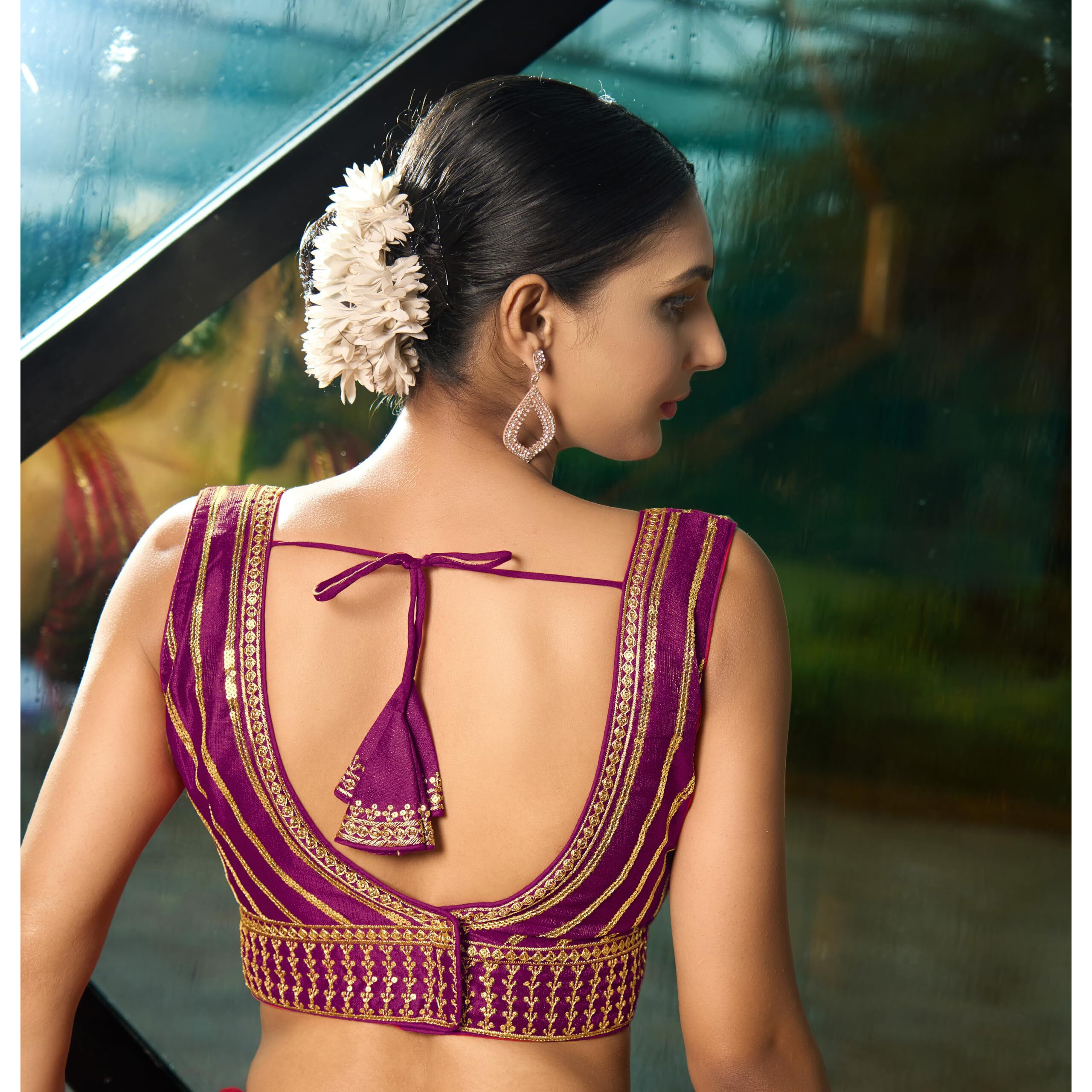 Pujia Mills Women's Readymade Blouse Embroidery Multi Coding Gold Thread Indian Ethnic Designer Stitched Readymade Saree Sleeveless Wine Blouse for Women for Saree Lehenga Choli