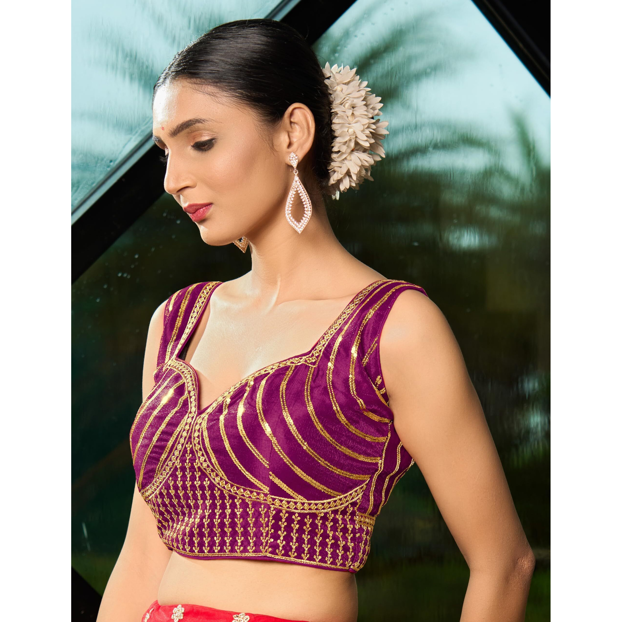Pujia Mills Women's Readymade Blouse Embroidery Multi Coding Gold Thread Indian Ethnic Designer Stitched Readymade Saree Sleeveless Wine Blouse for Women for Saree Lehenga Choli