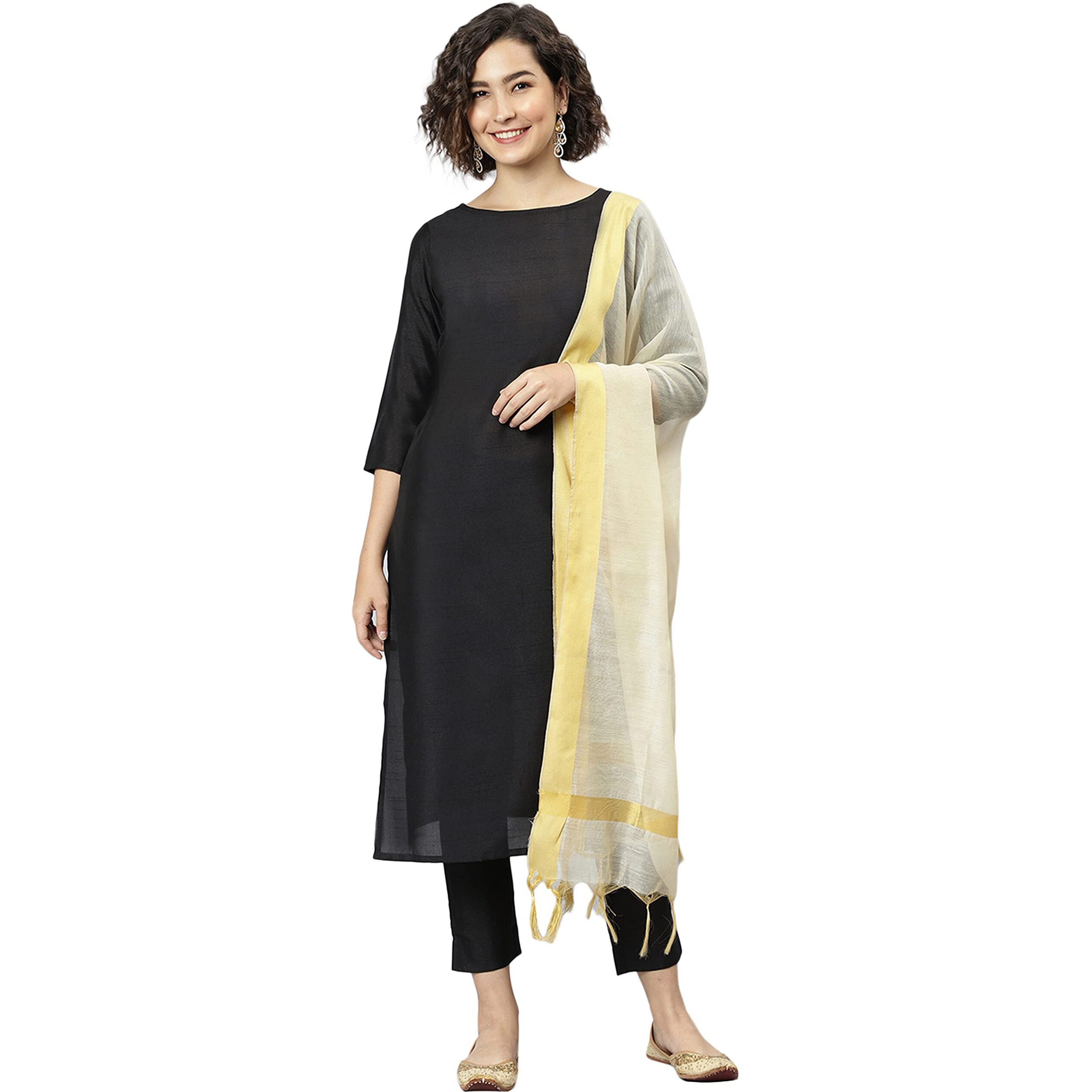Janasya Women's Black Poly Silk Kurta With Pant And Art Silk Dupatta(Black_X-Small)