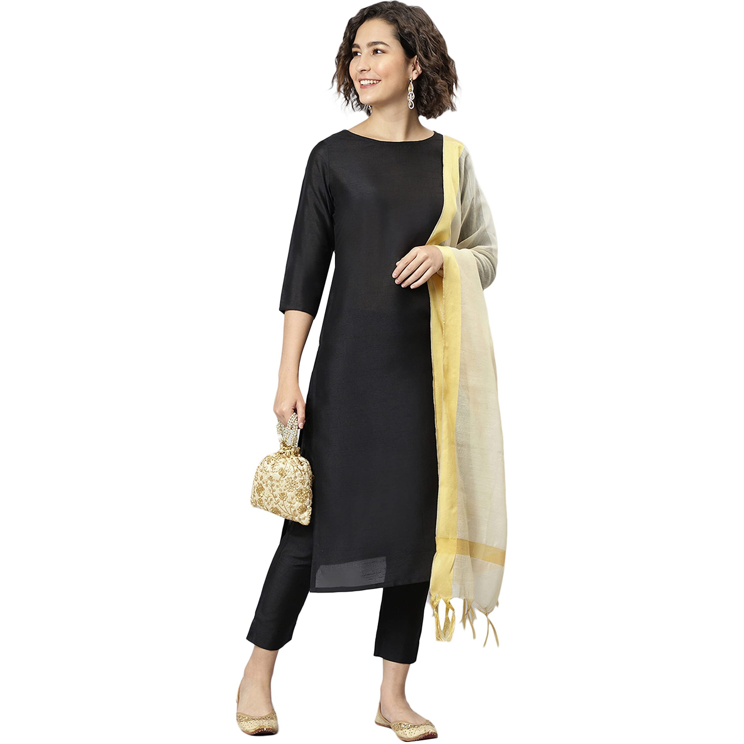 Janasya Women's Black Poly Silk Kurta With Pant And Art Silk Dupatta(Black_X-Small)